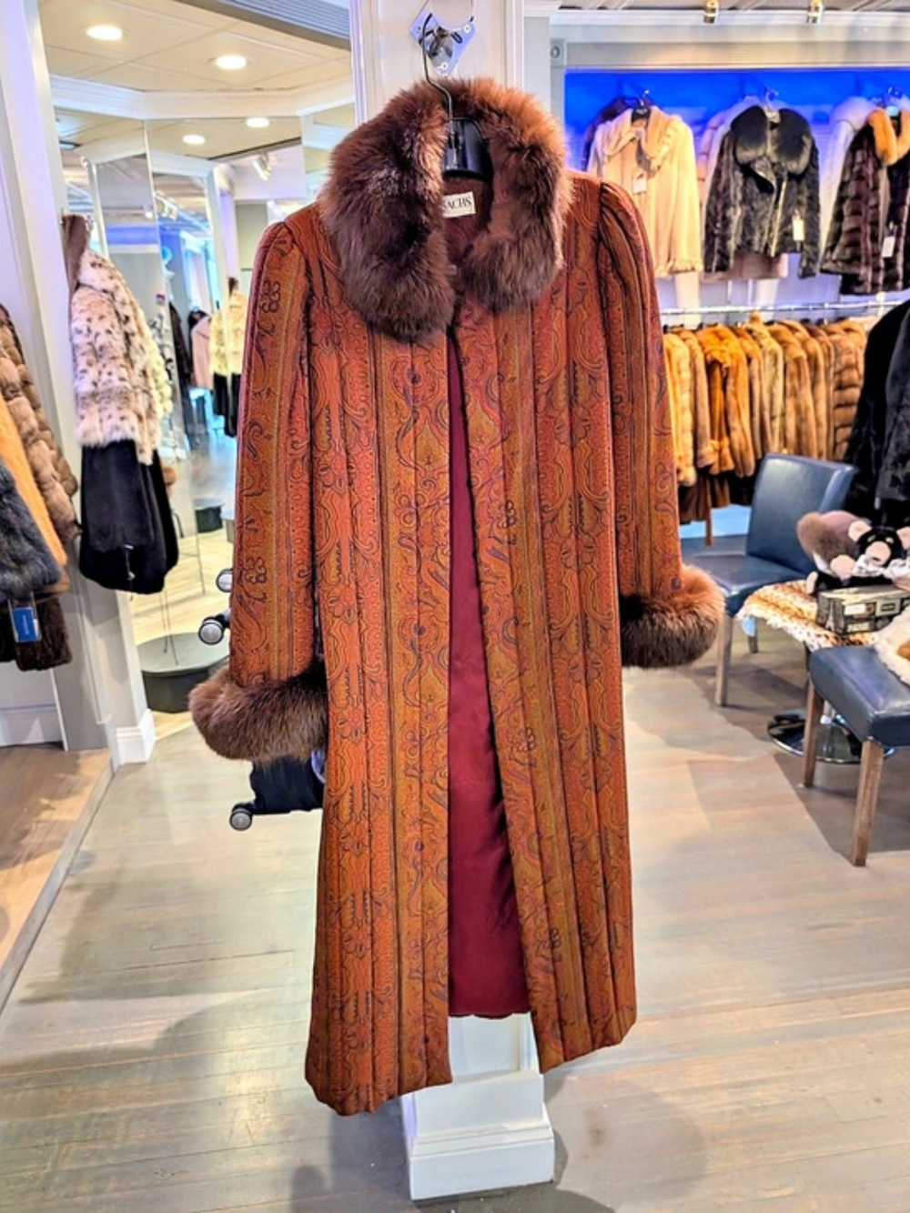 Gloria Sachs Paisley Fur Trim Coat Size 8 Like New Micro Fiber Ankle Length